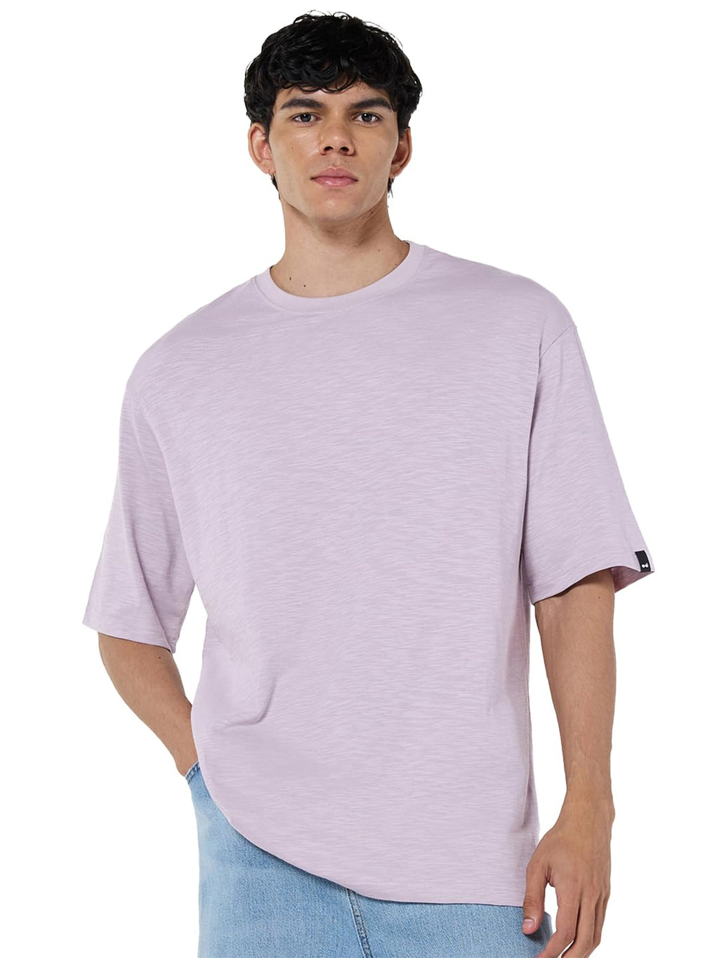 Bewakoof Air 1.0 Mens Solid Oversized Fit Half Sleeve Round Neck Cotton Slub T-Shirt_657438_Purple_XL