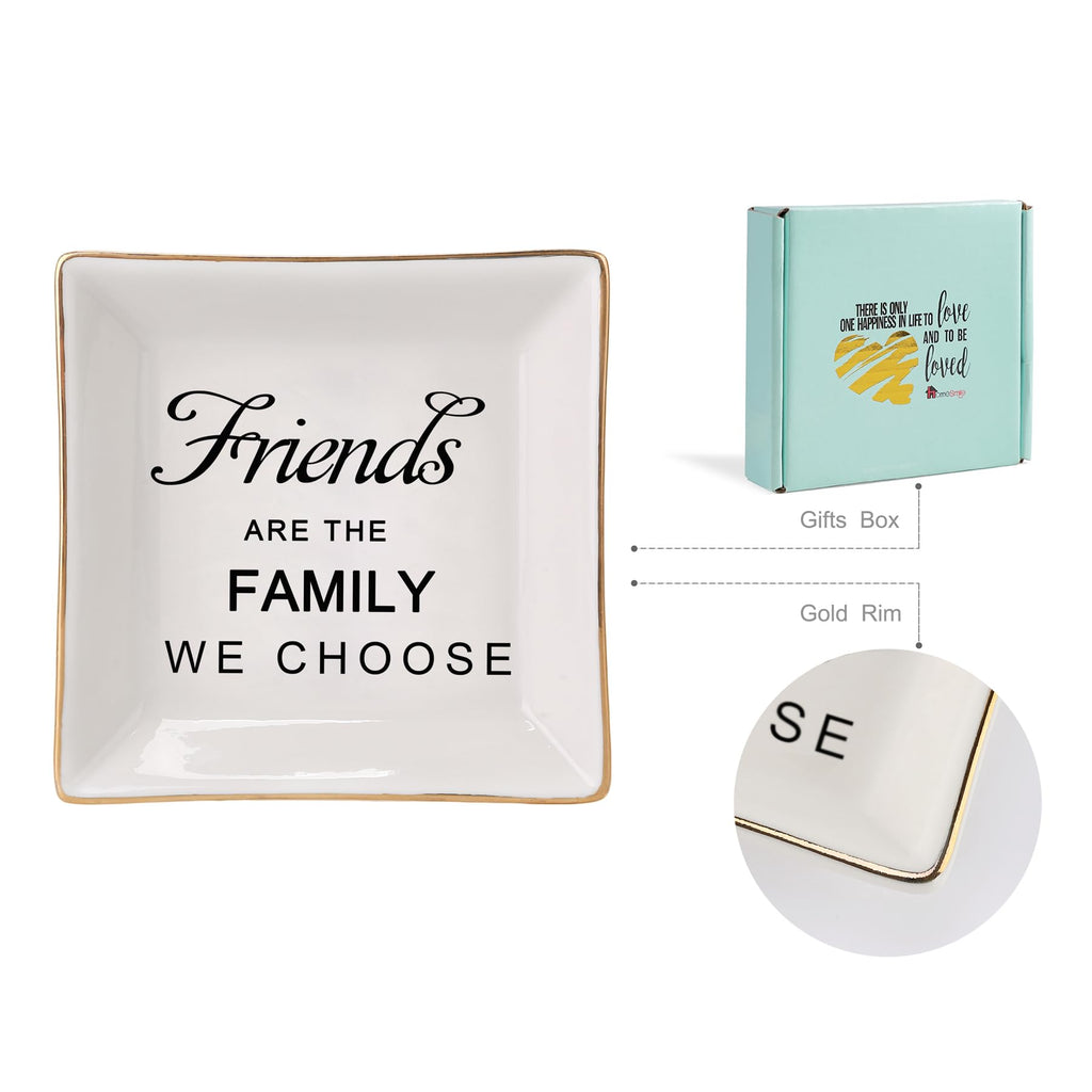 HOME SMILE Birthday Christmas Funny Gifts for Best Friend-Ceramic Ring Dish Jewelry Tray-Friends are Family We Choose