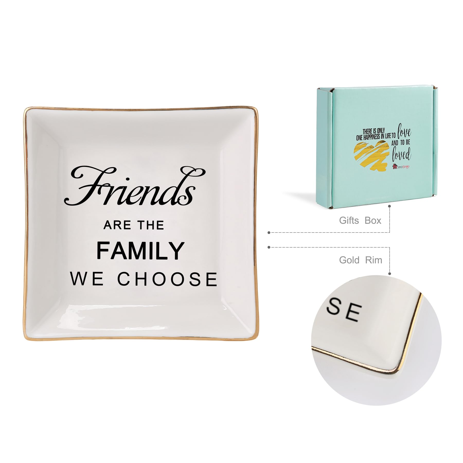 HOME SMILE Birthday Christmas Funny Gifts for Best Friend-Ceramic Ring Dish Jewelry Tray-Friends are Family We Choose