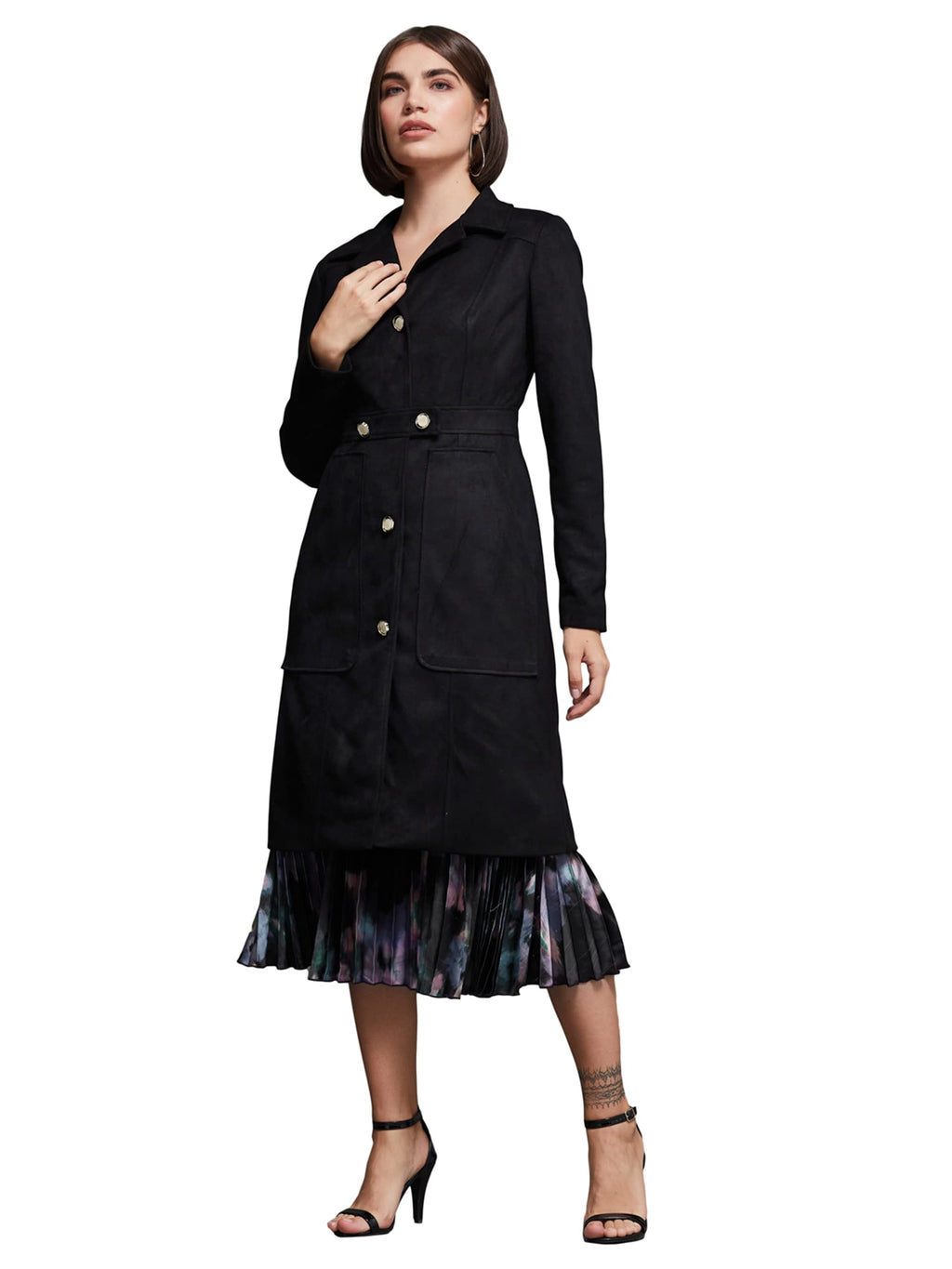 Miss Chase Womens Solid Shirt Collar Full Sleeve Longline Button down Jacket (MCAW24JKT03-63-62-06, Black, XL)