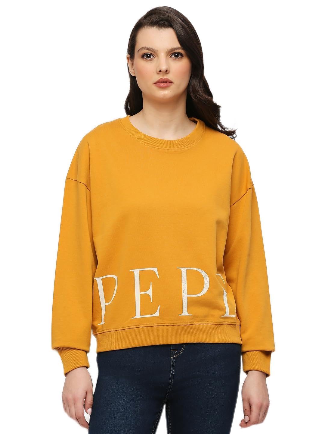 Pepe Jeans WomenS Cotton Blend Crew Neck Sweatshirt (Pl581416_Ochre Yellow