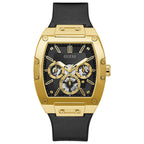 GUESS Men's Trend Multifunction 43mm Watch - Black & Gold-Tone Dial with Gold-Tone Polycarbonate Case & Flex Leather/Silicone St