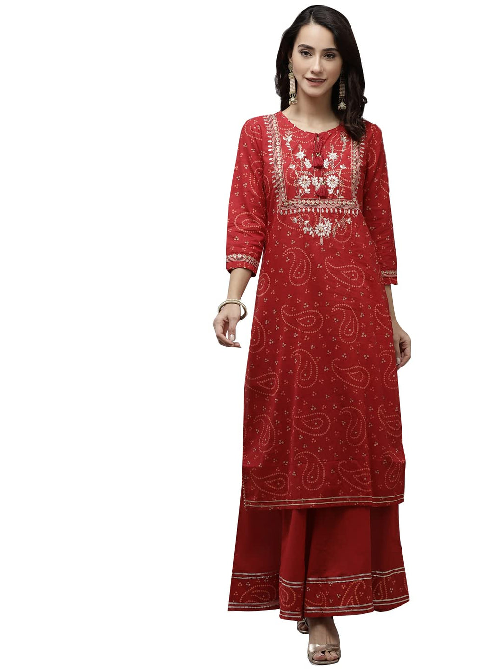 Ishin Women'S Red Embellished Straight Kurta Set With Sharara