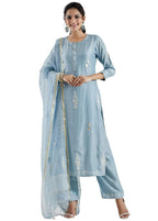 ANNI DESIGNER Womens Cotton Blend Straight Printed Kurta with Pant & Dupatta (Mataji Blue_S_Blue_Small)