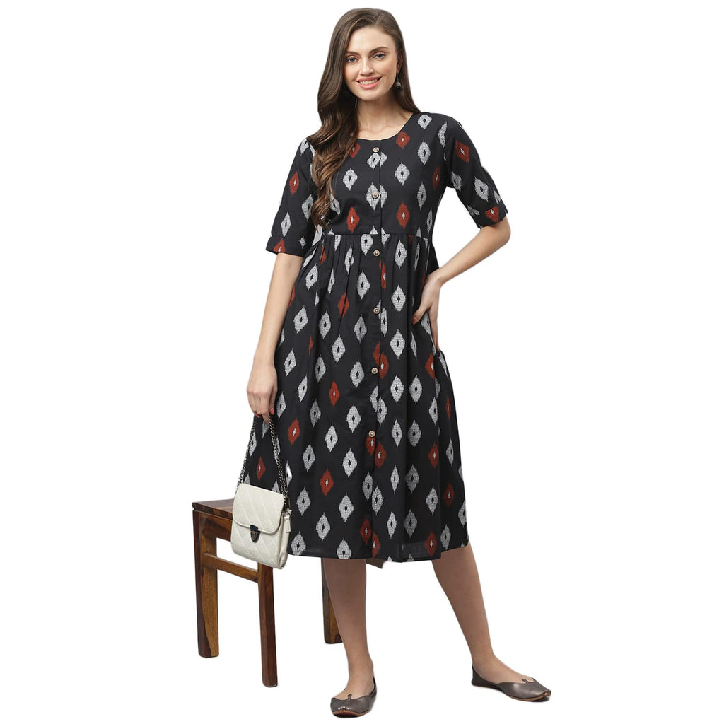 Stylum Womens Ikat Print Cotton Flared Kurta (CAIROBLACK38_Black, M)