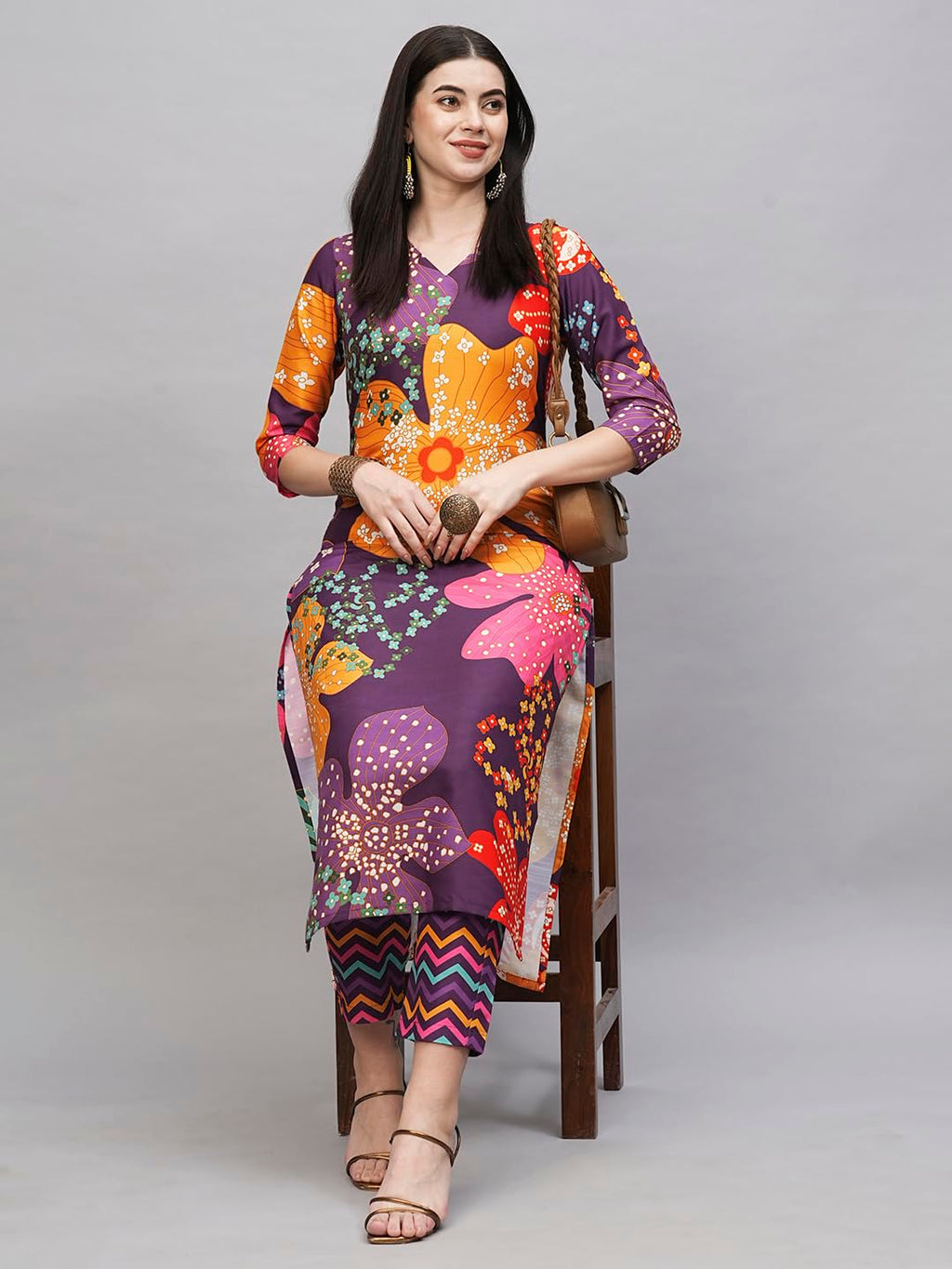 ANNI DESIGNER Ladies Cotton Blend Kurta with Trousers, purple, L