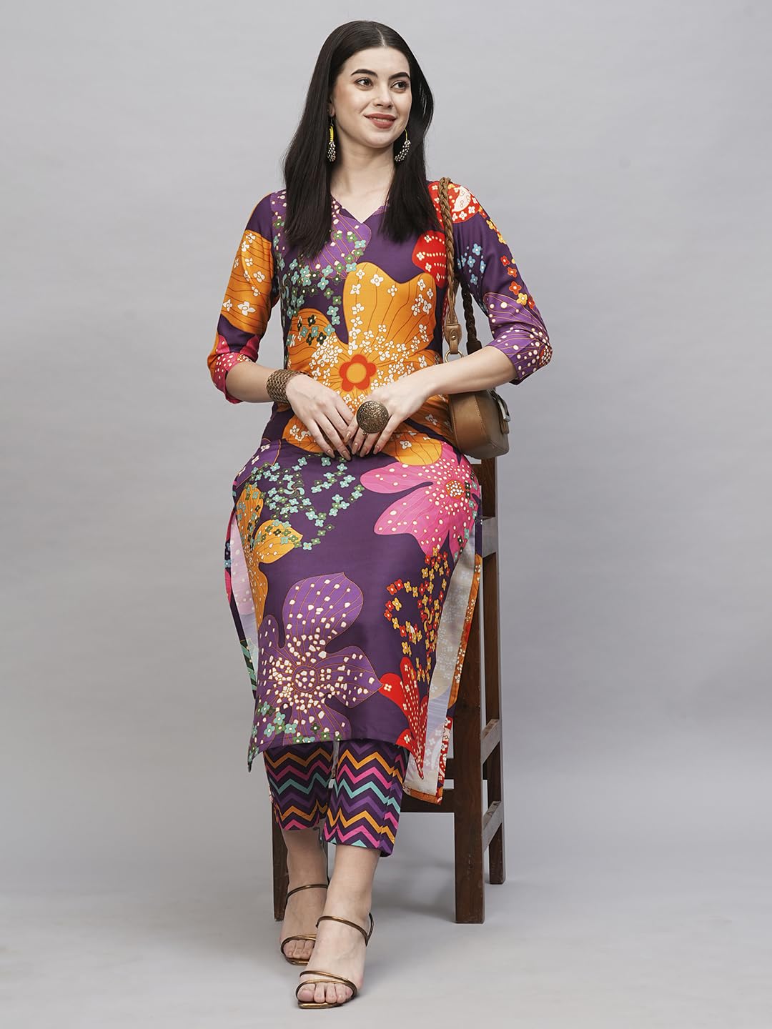 ANNI DESIGNER Ladies Cotton Blend Kurta with Trousers, purple, L