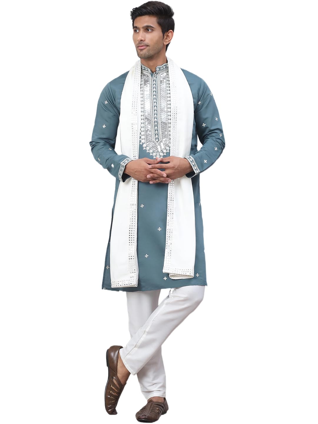 Jompers Mens Sequins Embroidered Kurta Pyjama Set With Dupatta