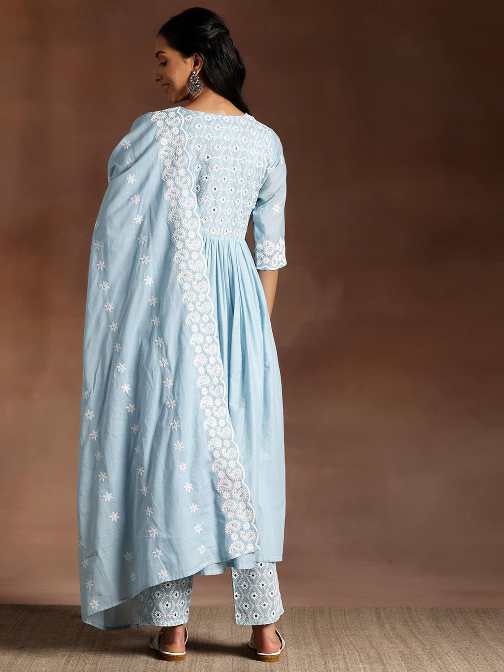 Libas Womens Embroidered Cotton A-Line Kurta With Palazzos And Dupatta
