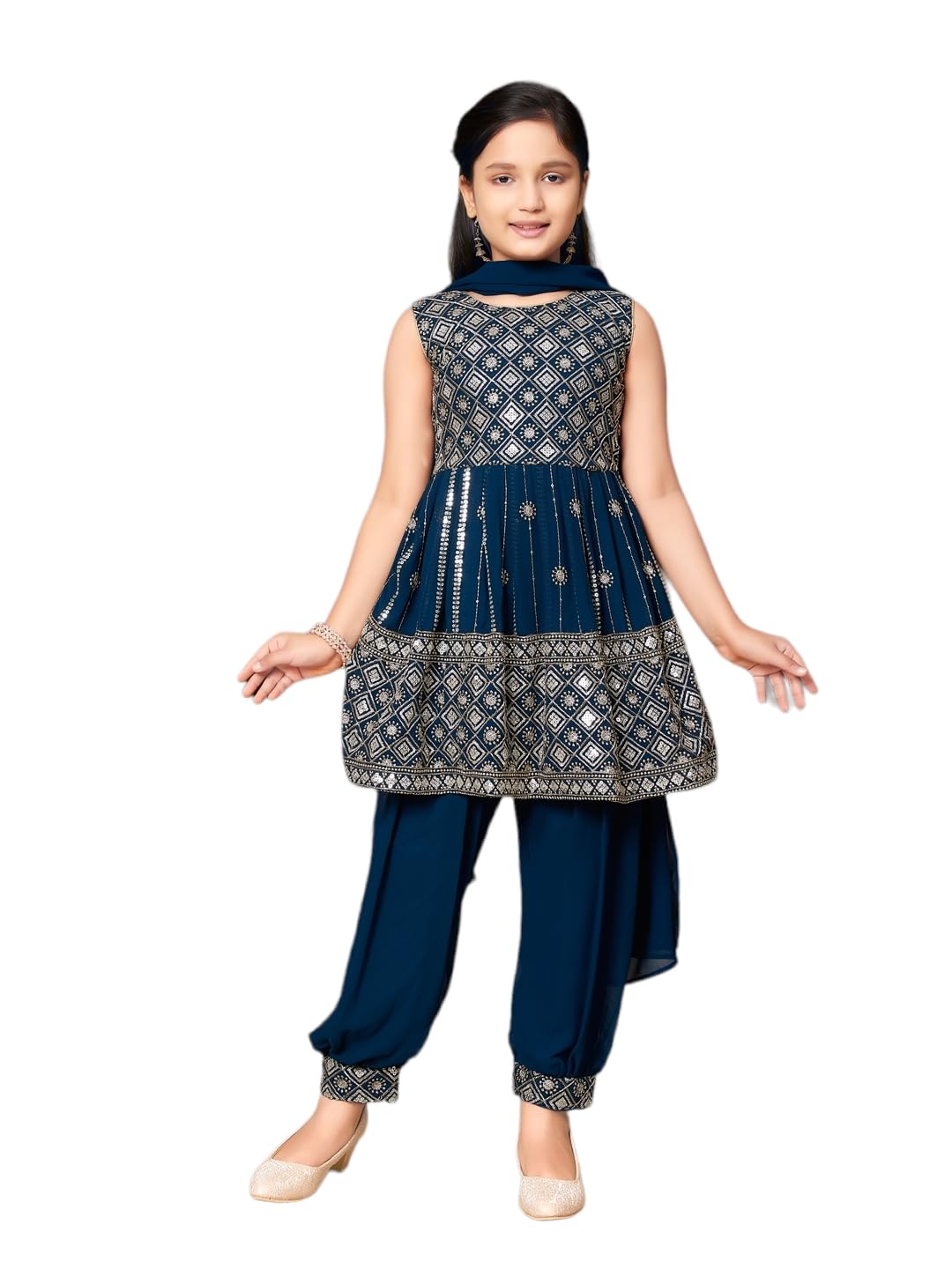 Aarika Girls Ethnic Wear Teal Blue Colour Sequin Thread Embroidery Georgette Kurti Patiala Set (4-10 Years)