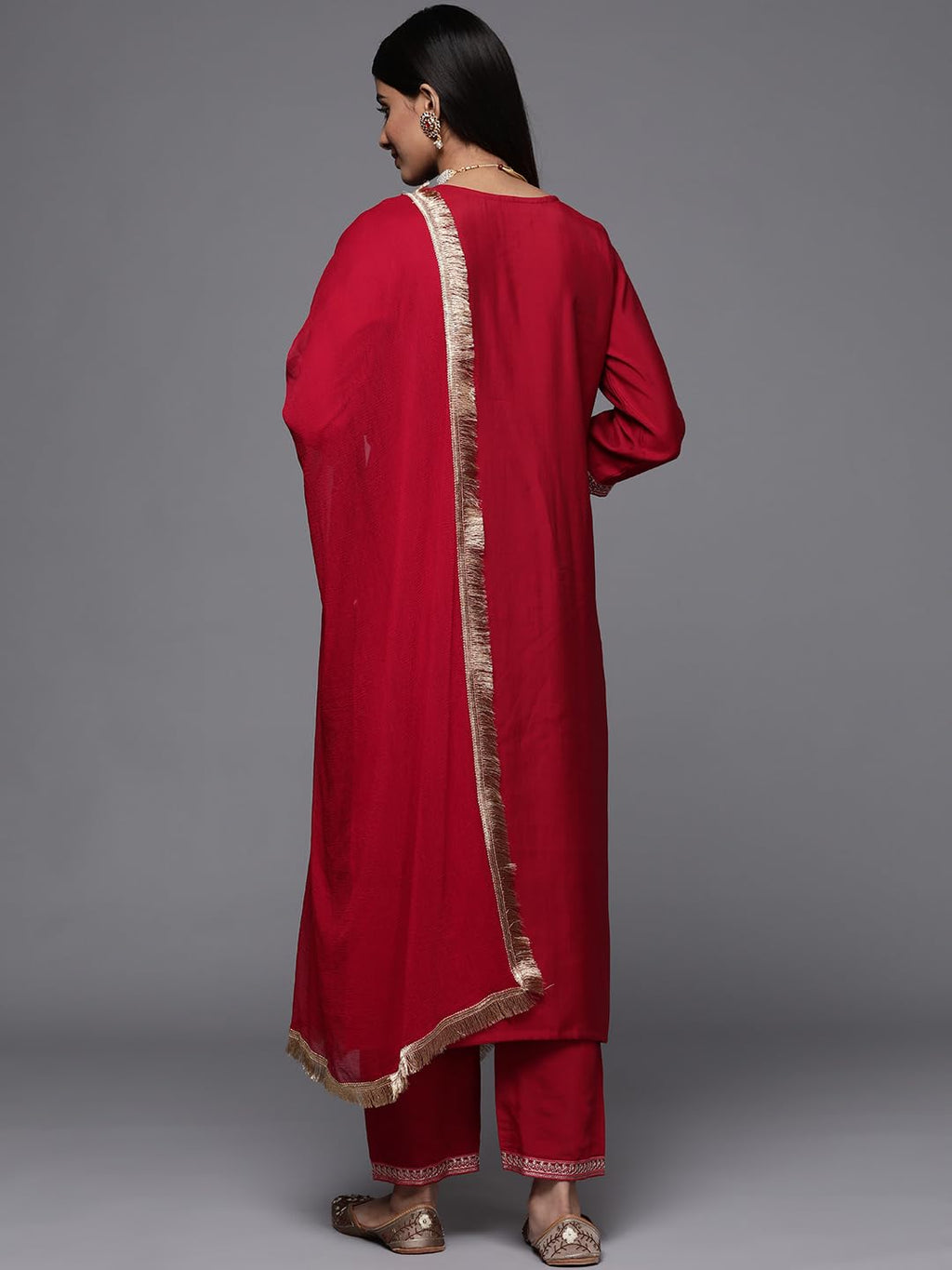 Varanga Red Embridered Kurta Paired With Tonal Botom And Dupatta