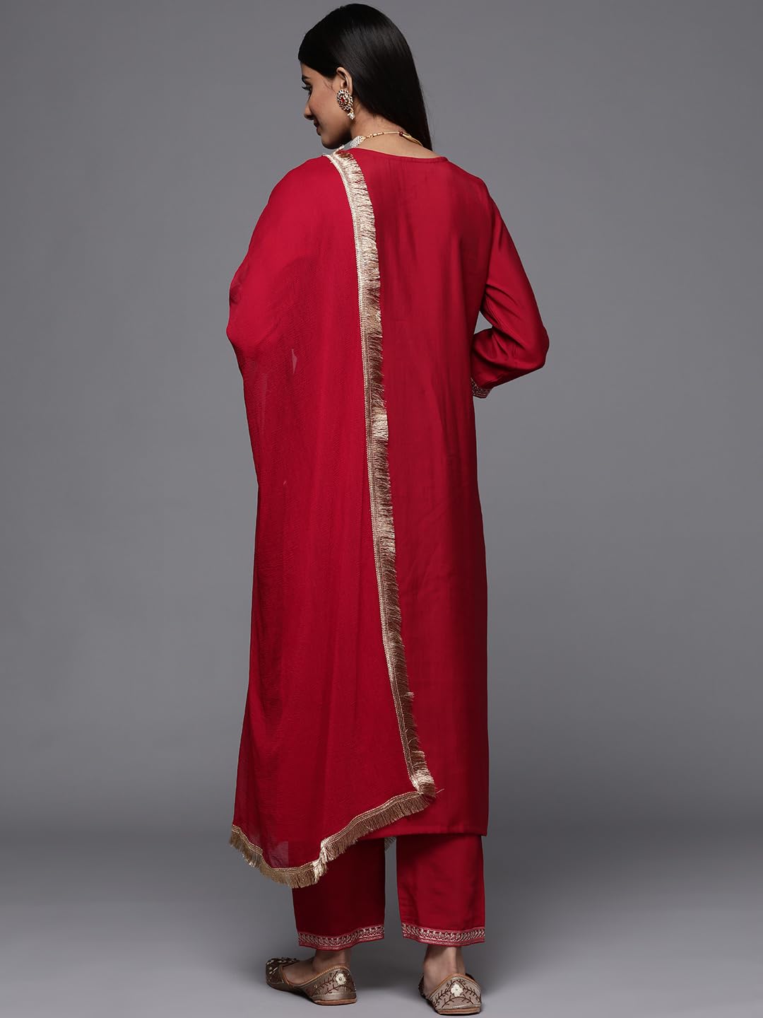 Varanga Red Embridered Kurta Paired With Tonal Botom And Dupatta