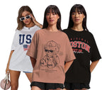 Juneberry Pure Cotton Oversized Loose Baggy Fit Drop Shoulder Half Sleeve Cool Front & Back Graphic Printed Round Neck T-Shirt F