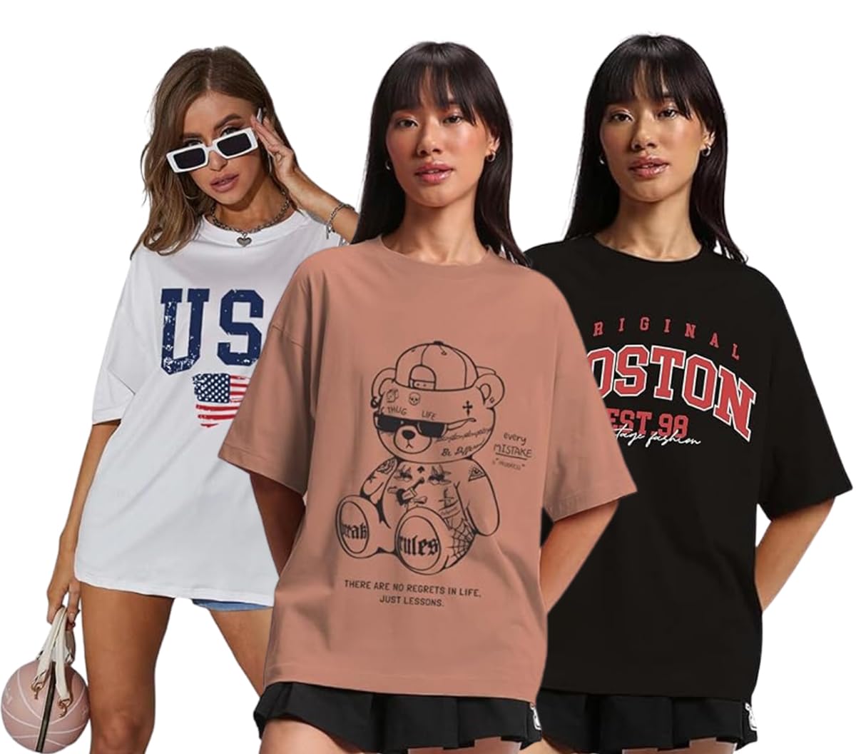 Juneberry Pure Cotton Oversized Loose Baggy Fit Drop Shoulder Half Sleeve Cool Front & Back Graphic Printed Round Neck T-Shirt F