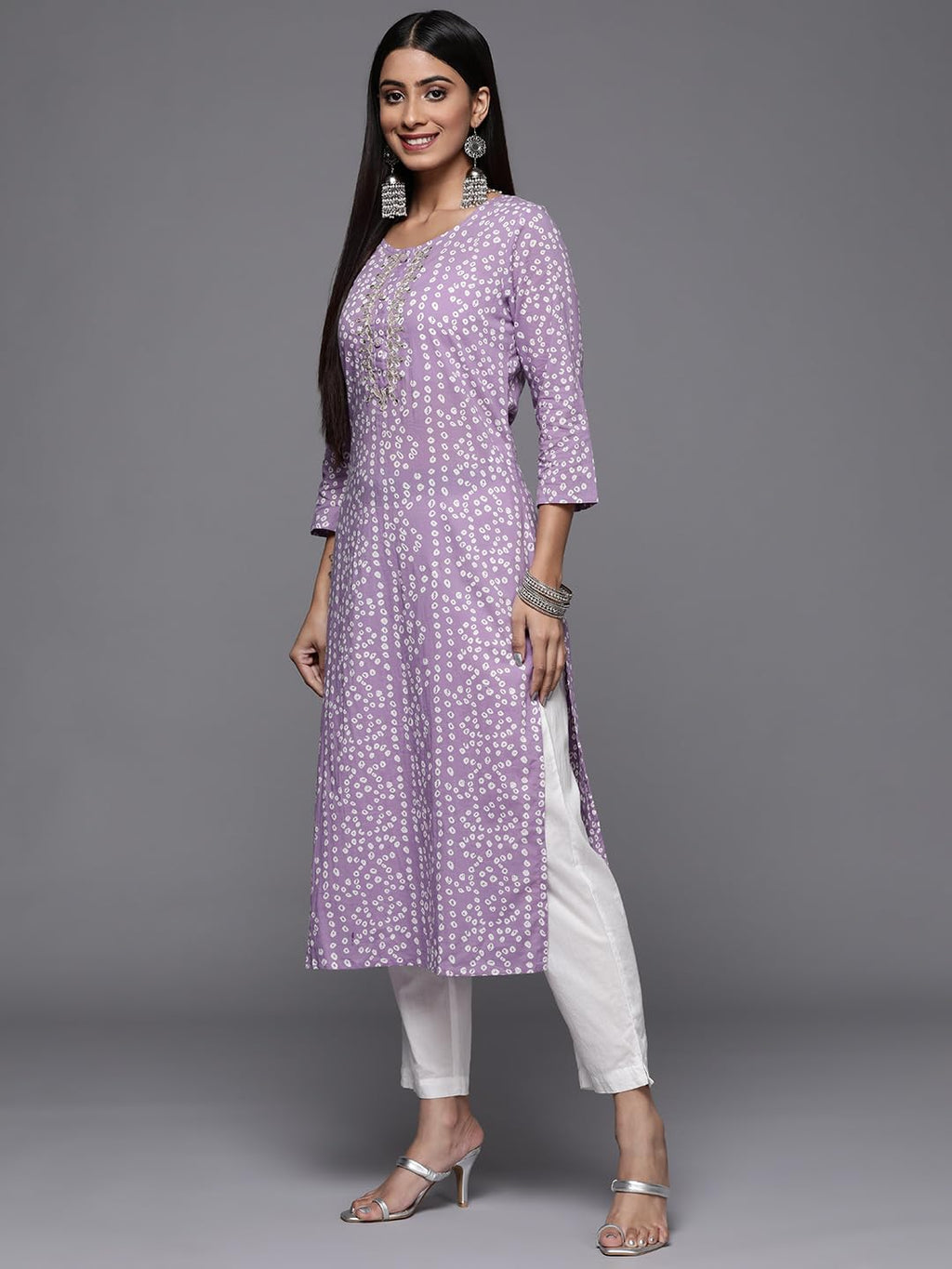 Varanga Lavender Bandhani Print Embroidered Kurta For Women, Round Neck, Traditional Ethnic Wear, Comfortable & Stylish For Casu
