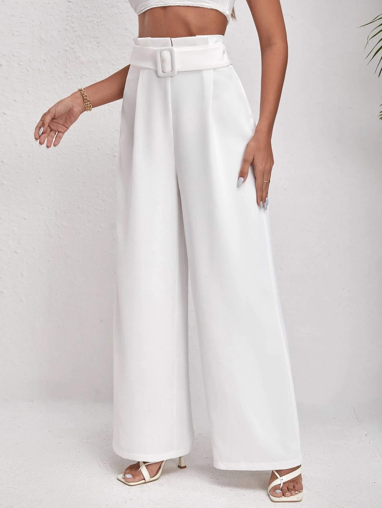 KOTTY Womens High Rise Viscose Rayon Relaxed Fit Korean Trousers Off White