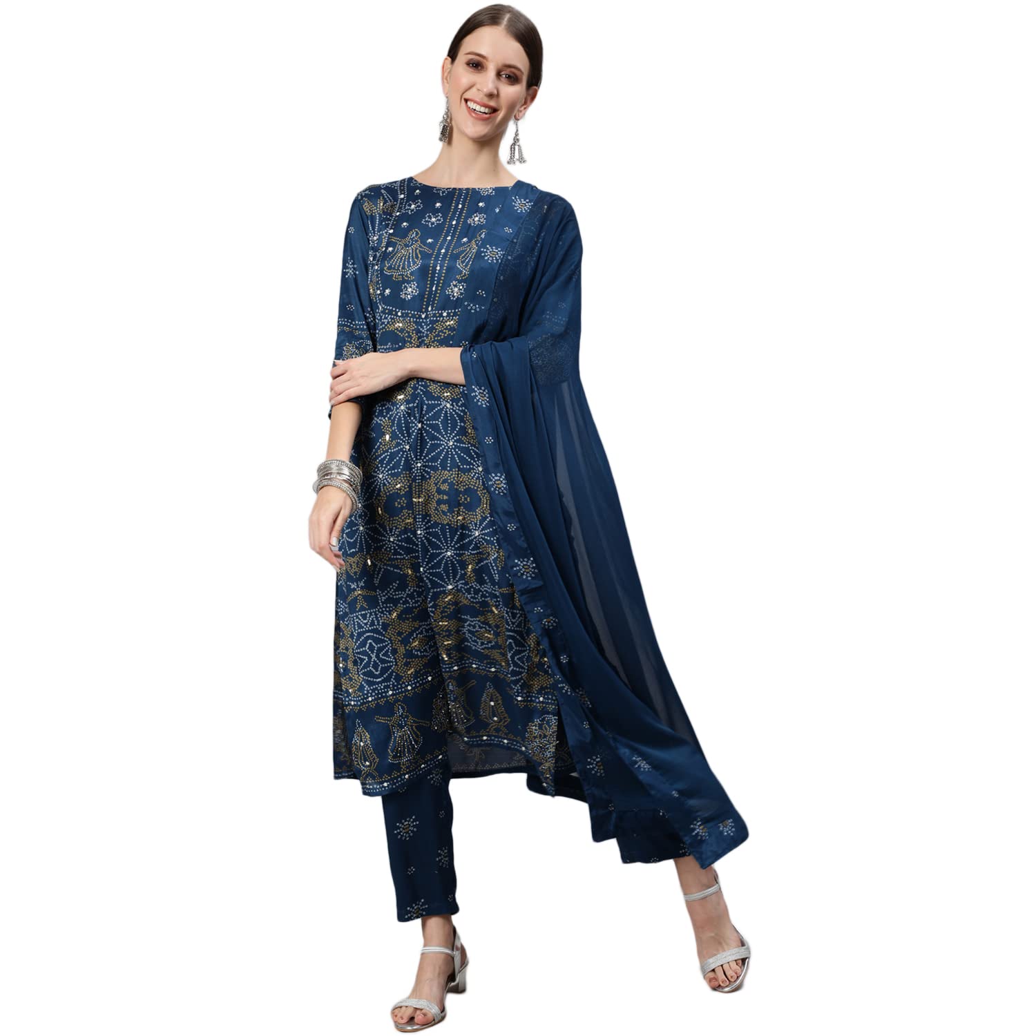 Ishin Women'S Silk Blend Straight Embroidered Beads And Stones Bandhani Print Teal Kurta Suit Set With Trouser Kpldsl-16007_S_Te