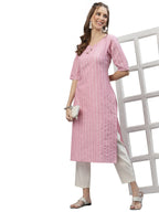 Stylum Womens Self Woven Striped Cotton Blend Straight Kurta (YASHIPINK46_Light Pink, 3XL)