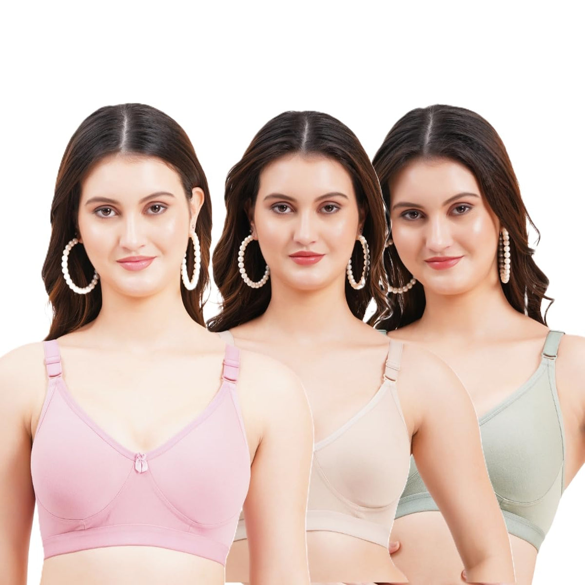 Layeba WomenS Full Coverage NonPadded Wireless TShirt Bra, Pack Of 3, Pink, Beige, Green (In, Cup Band, Dd, 36) 36