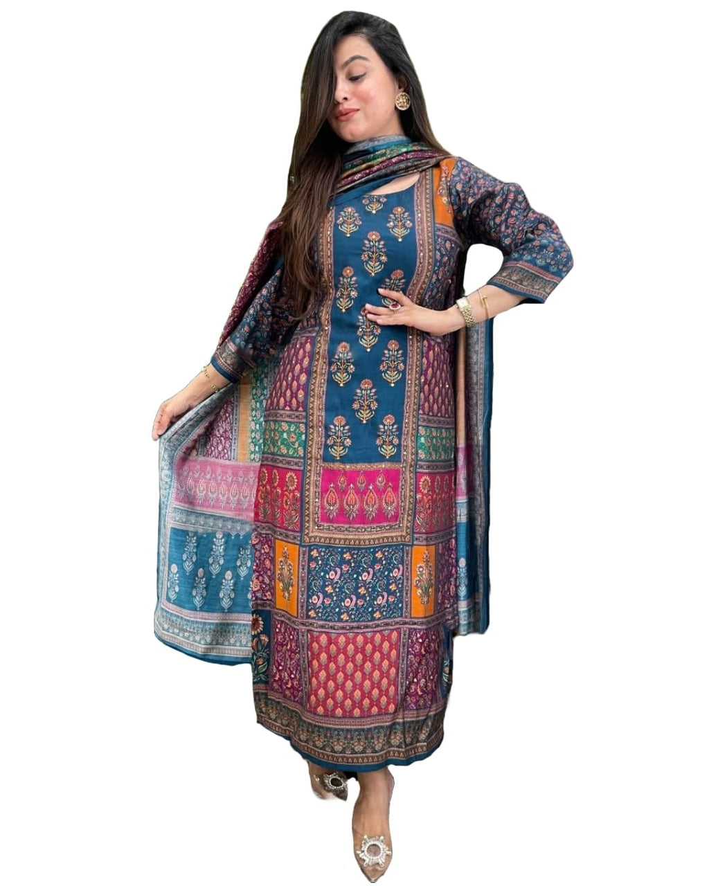 ANNI DESIGNER Womens Rayon Viscose Printed Straight Kurta with Pant & Dupatta (Sula Multi_L_Multicolor_Large)