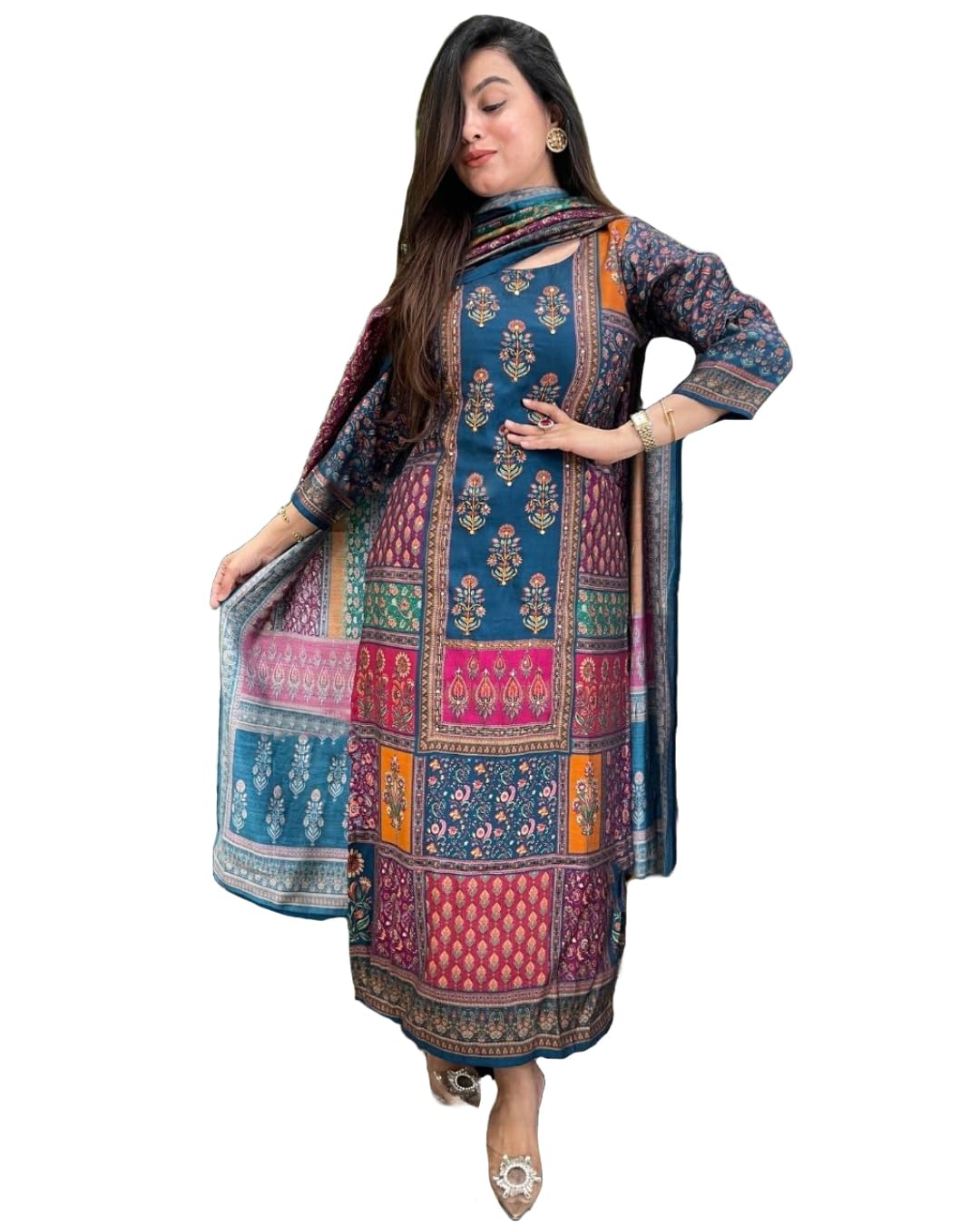 ANNI DESIGNER Womens Rayon Viscose Printed Straight Kurta with Pant & Dupatta (Sula Multi_S_Multicolor_Small)
