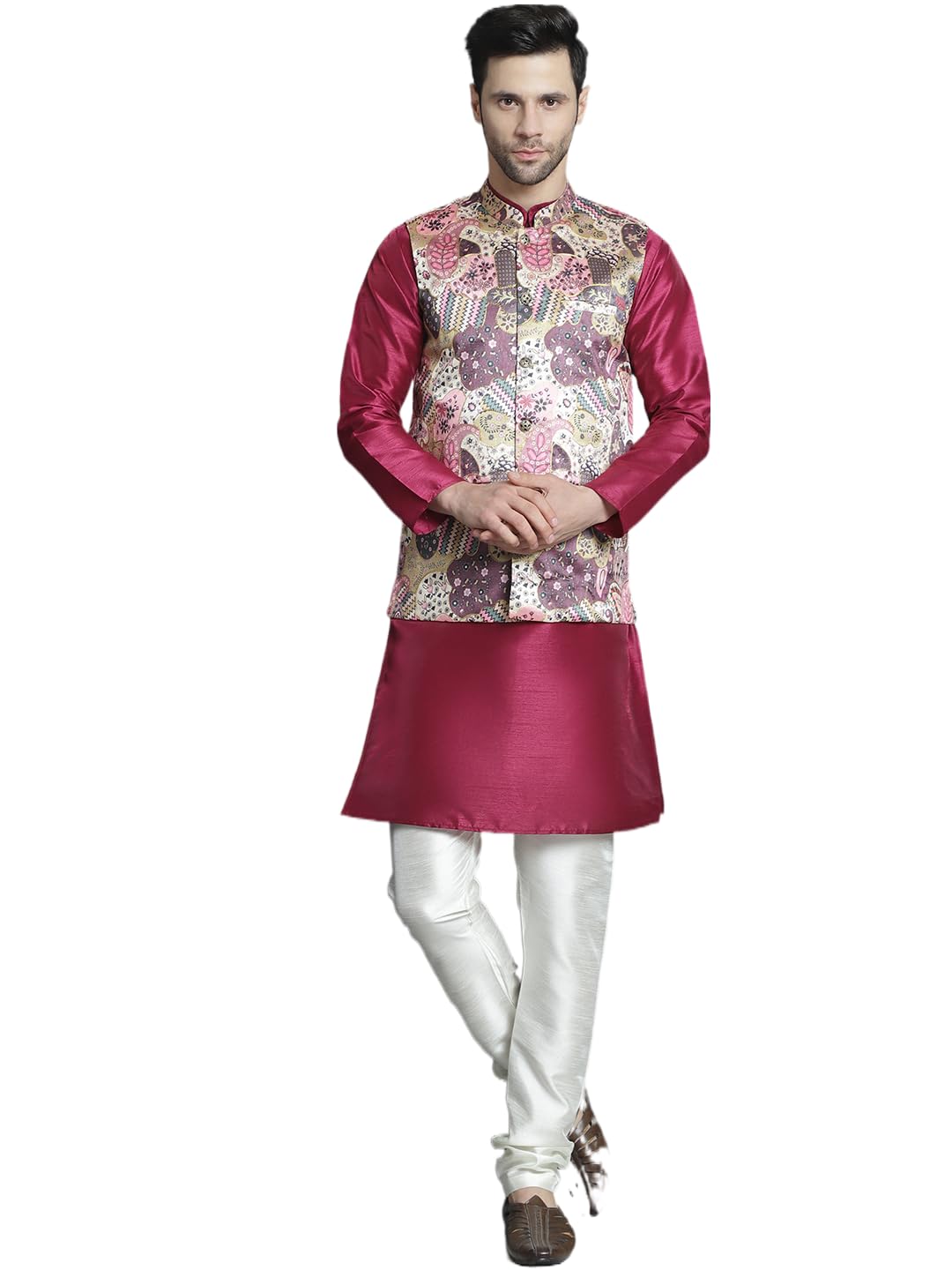 Jompers Mens Digital Print And Zari Work Nehru Jacket With Kurta Pyjama Set