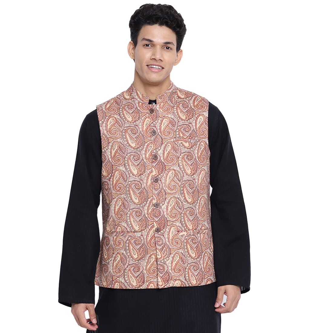 Fabindia Men Cotton Printed Nehru Jacket Beige_S