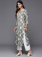 Varanga Women Grey Printed V-Neck Lace Embellished Straight Kurta - Traditional Ethnic Wear, Comfortable & Stylish For Casual &