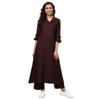 Idalia Maroon Rayon Solid Straight Kurta Set For Women 3/4 Sleeve, Round V Neck Designer Kurta With Pant