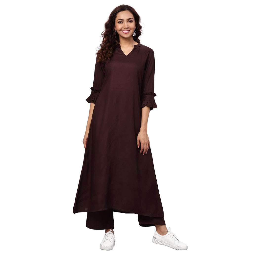 Idalia Maroon Rayon Solid Straight Kurta Set For Women 3/4 Sleeve, Round V Neck Designer Kurta With Pant
