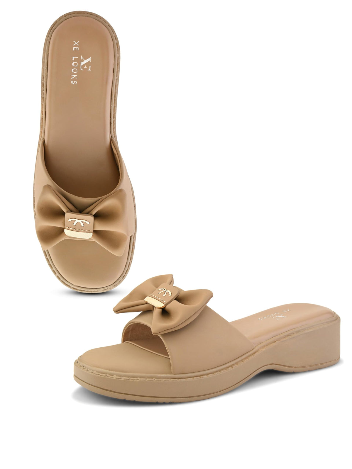 XE Looks Taupe Wedge Slide Sandals for Women | Soft Bow Accent on Wide Upper Strap | Cushioned Footbed & SlipOn Low Wedge Heel  5