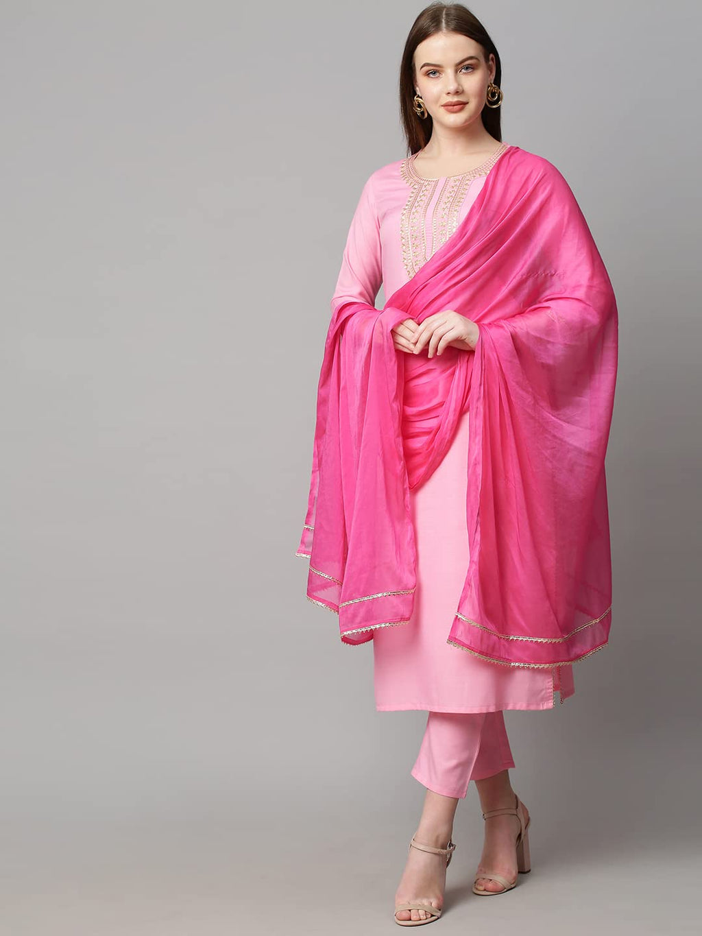 ANNI DESIGNER Womens Cotton Blend Solid Straight Kurta with Pant & with Dupatta (Aard_Baby Pink_XXL_Baby Pink_XX-Large)