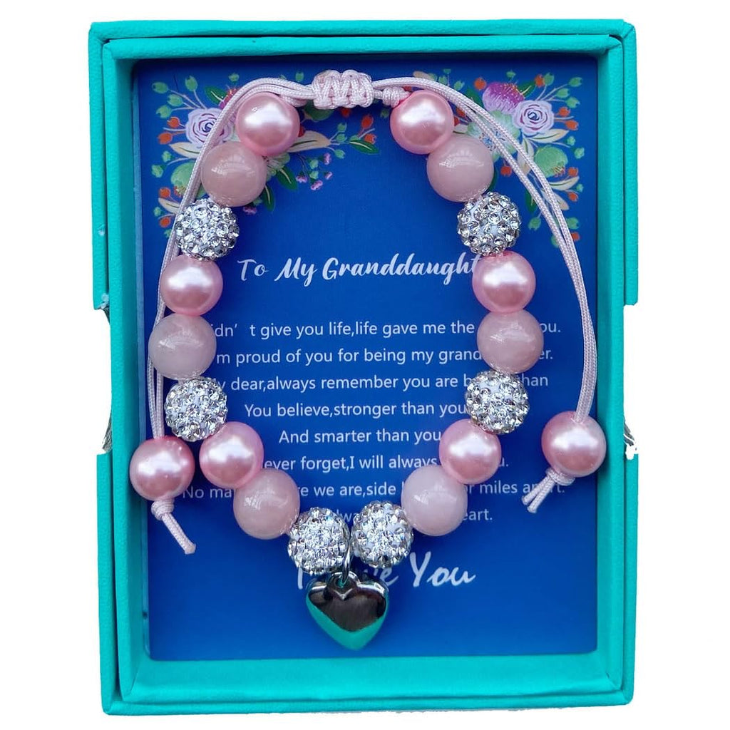 DOLON Pink Beaded Rhinestone Heart Charm Granddaugther Bracelet Adjustable Jewelry Back to School Birthday Christmas Holiday Gif