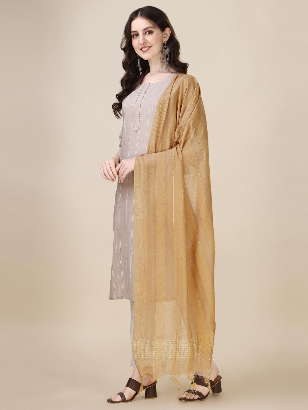 Fashion Basket Women Cotton Printed Kurta And Pant Set With Dupatta (X-Large, Beige)