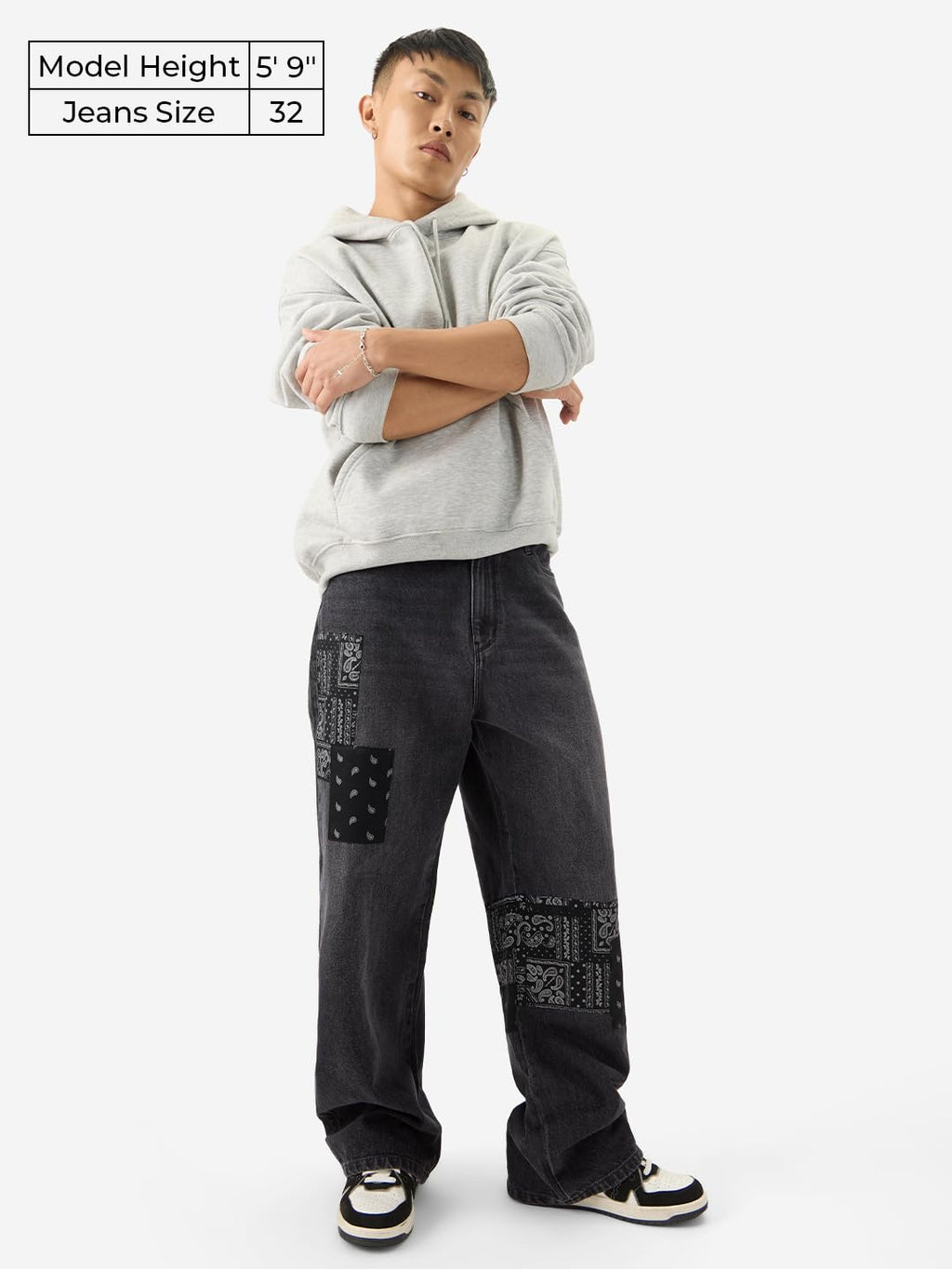 The Souled Store Denims: Bandana Patches Men and Boys Grey Straight Fit Cotton Jeans Casual Style Full-Length Comfortable Trouse