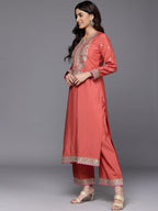 Varanga Women Rust Zari Embroidered Kurta With Bottom And Dupatta