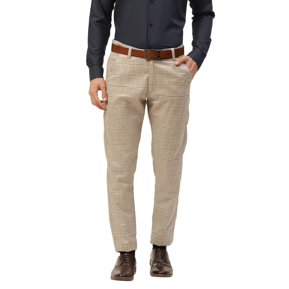 SOJANYA (Since 1958 Mens Cotton Blend Light Grey & Navy Checked Formal Trousers, Size: 36
