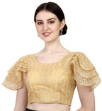 Pujia Mills Womens Shipali Net Work Ruffle Sleeves Readymade Saree Blouse (Shipli Jhadu Gold_ Gold_38 Size + Margin)