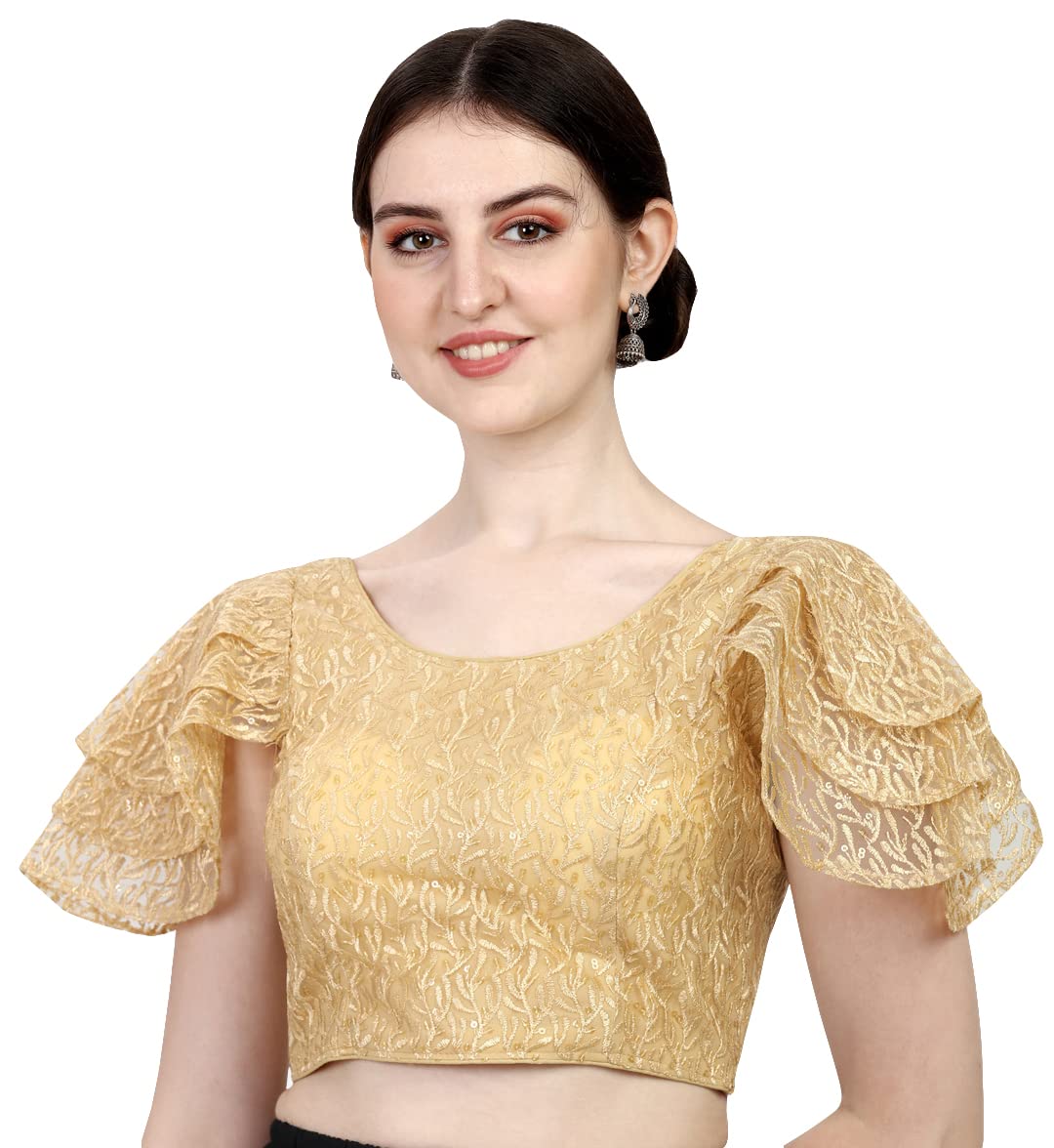 Pujia Mills Womens Shipali Net Work Ruffle Sleeves Readymade Saree Blouse (Shipli Jhadu Gold_ Gold_38 Size + Margin)