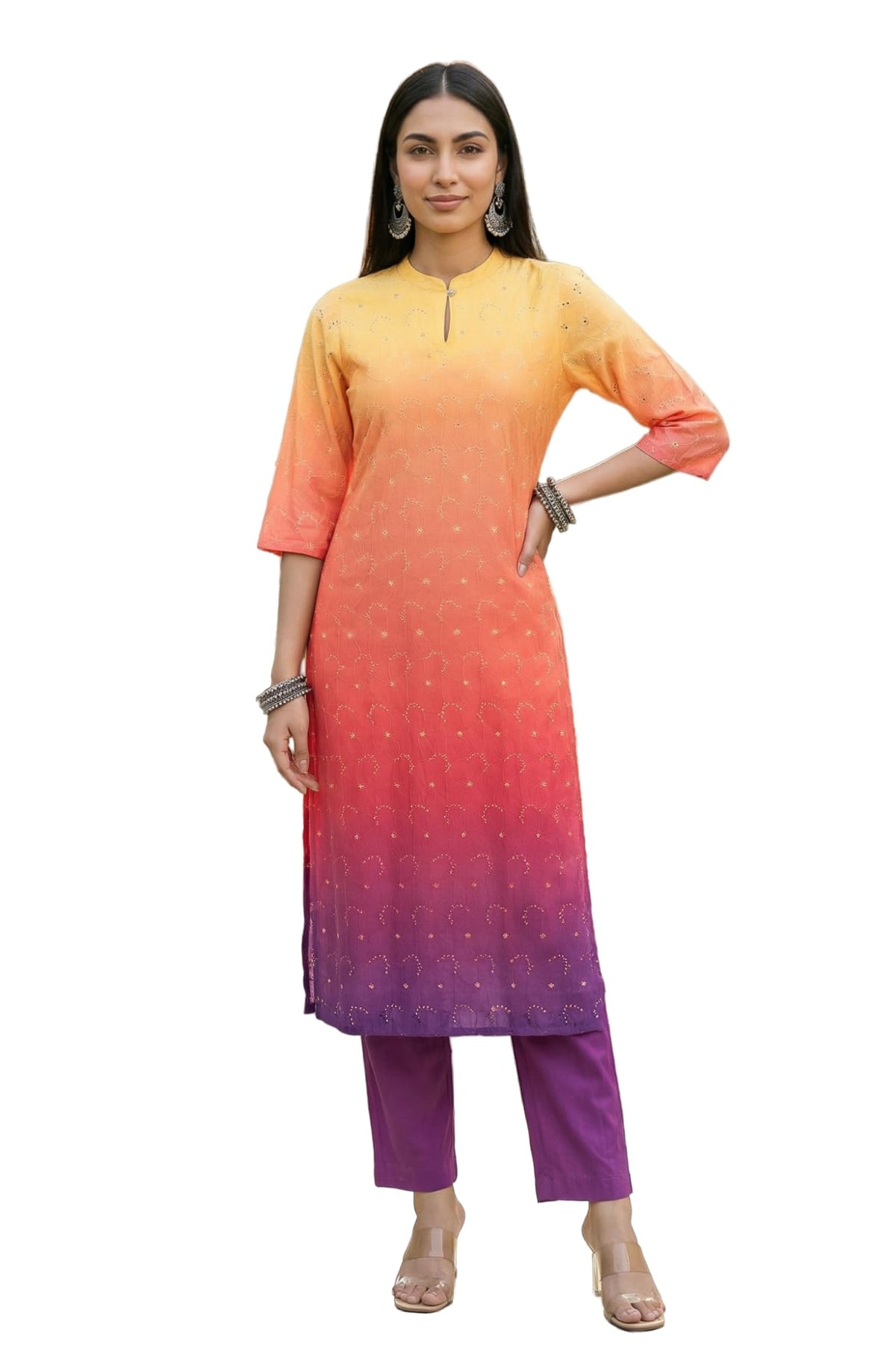 Aurelia Womens Orange Ombre Embroidered Schiffli Rayon Straight Kurta with Trousers Co-ord Set - (AS16617-E510662-XL)