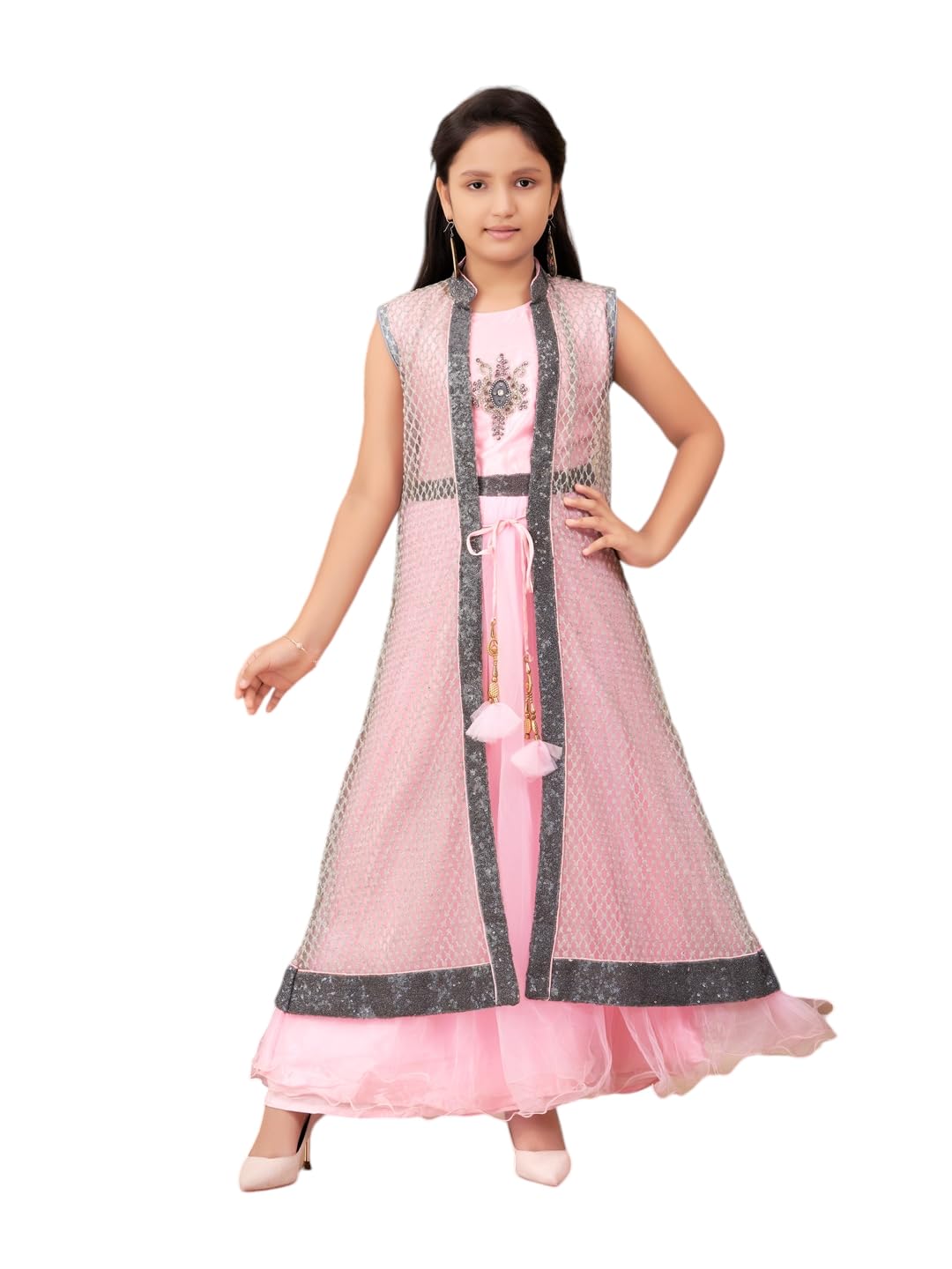 Aarika Girls Pink Colour Beads Embroidery Net Gown with Shrug (4-15 Years)