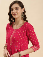 Rangita Pink Rayon Calf Length Printed Nayra Kurti For Women | Kurta For Women