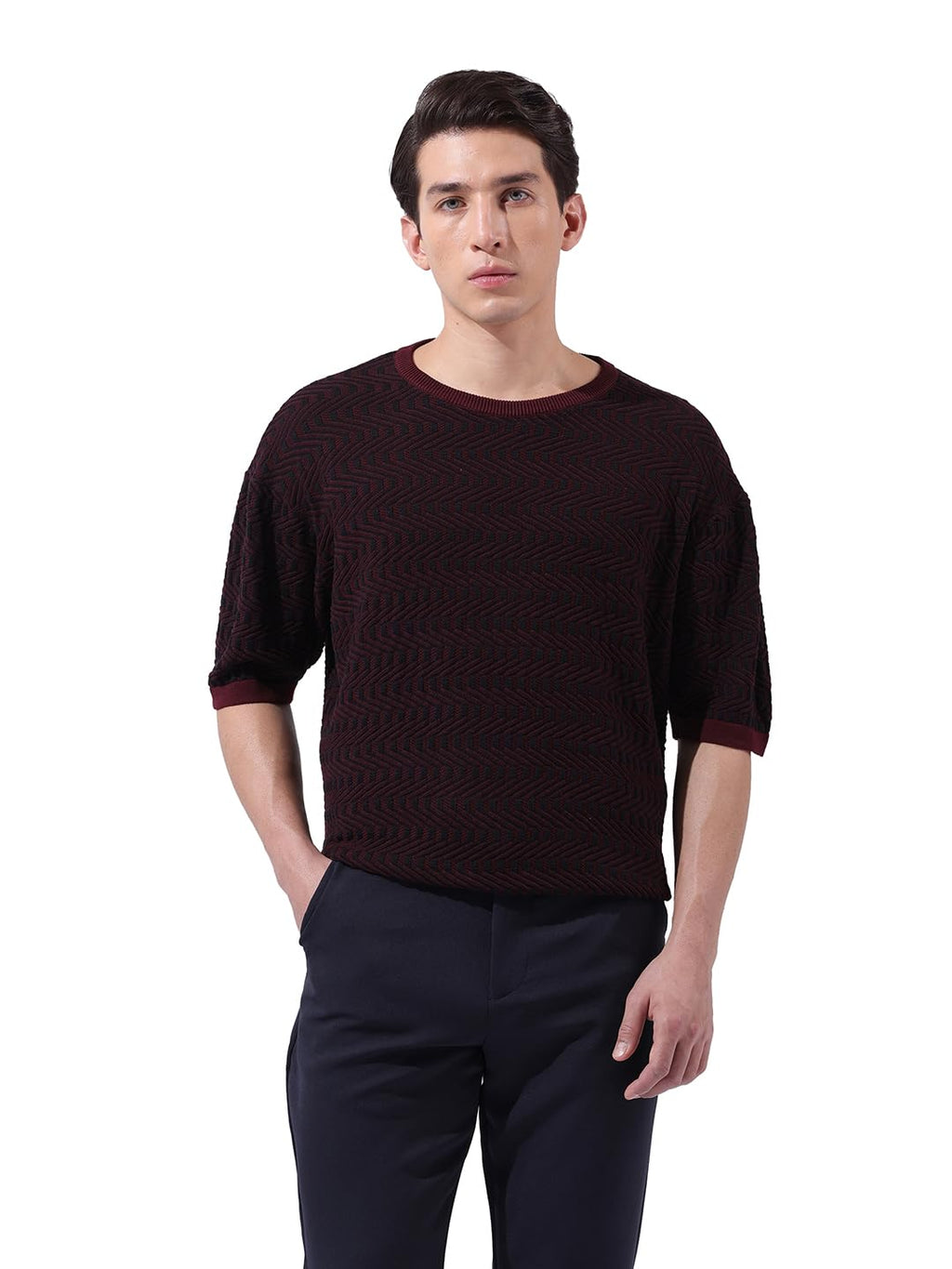 The Indian Garage Co Mens Oversized Textured Flatknit Half Sleeves Crew Neck Sweater