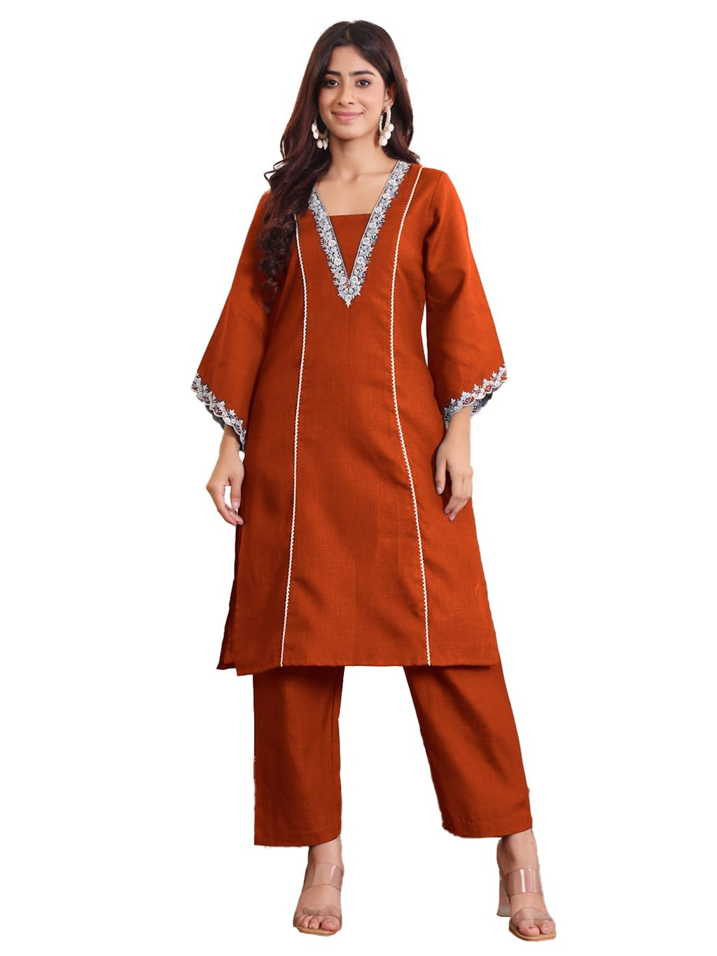 Varanga Zari Embroidered Rust Flared Sleeve Kurta with Trouser