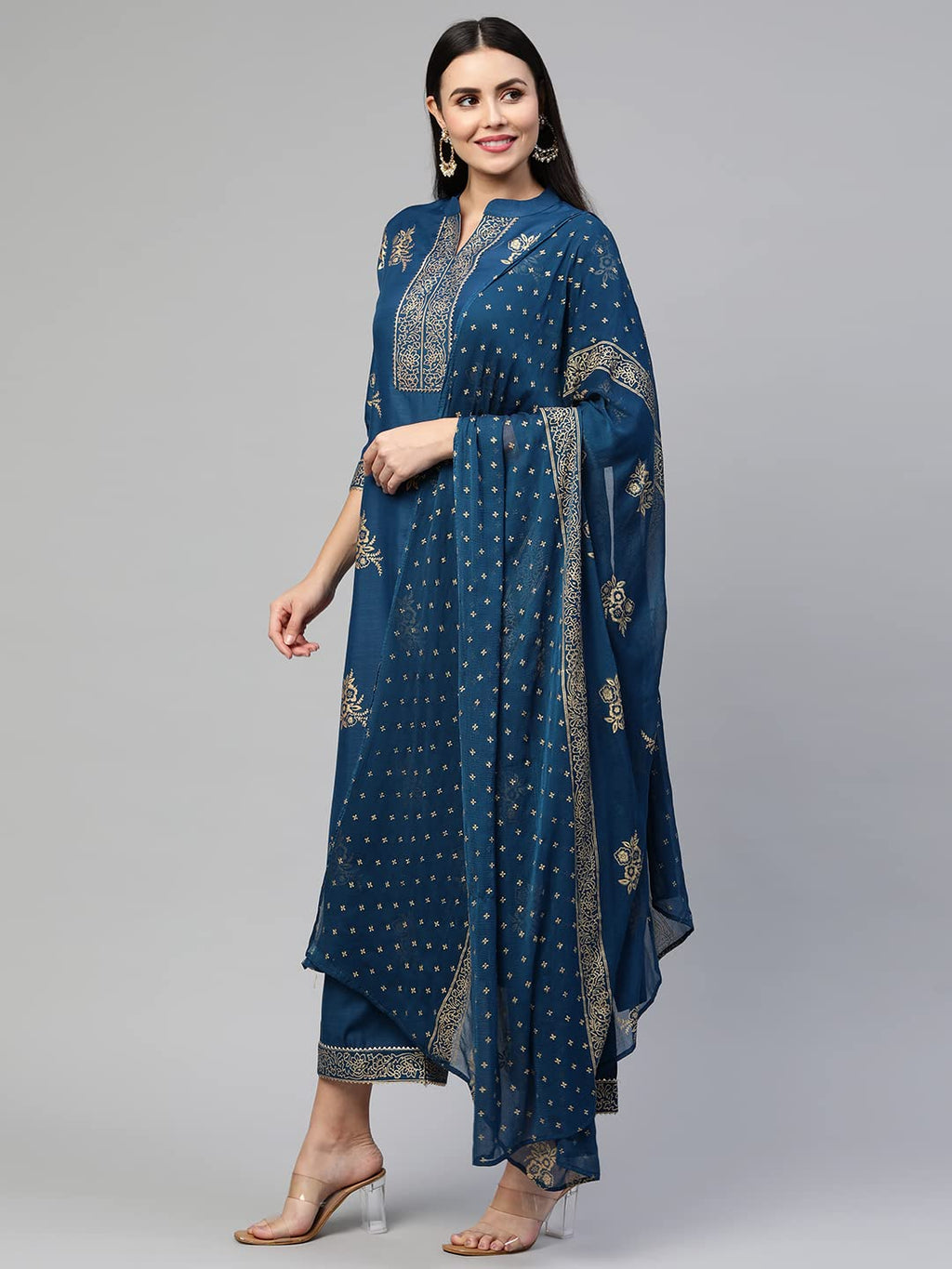 Gosriki Women'S Cotton Blend Straight Embellished Kurta With Palazzo & Dupatta (Farida-Go)