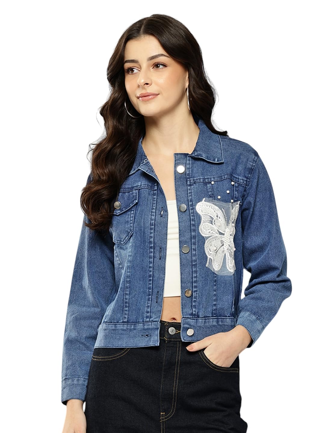 Aarika Womens Blue Colour Self Design Denim Jacket-(S-Xl)-(Aug_Dn_W_138_Blue_Xl)