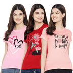 Preneum Womens Cotton Regular Fit Latest Graphic Stylish Printed Short Sleeves Casual T-Shirt || Trend & Style (Pack 3), Pink &