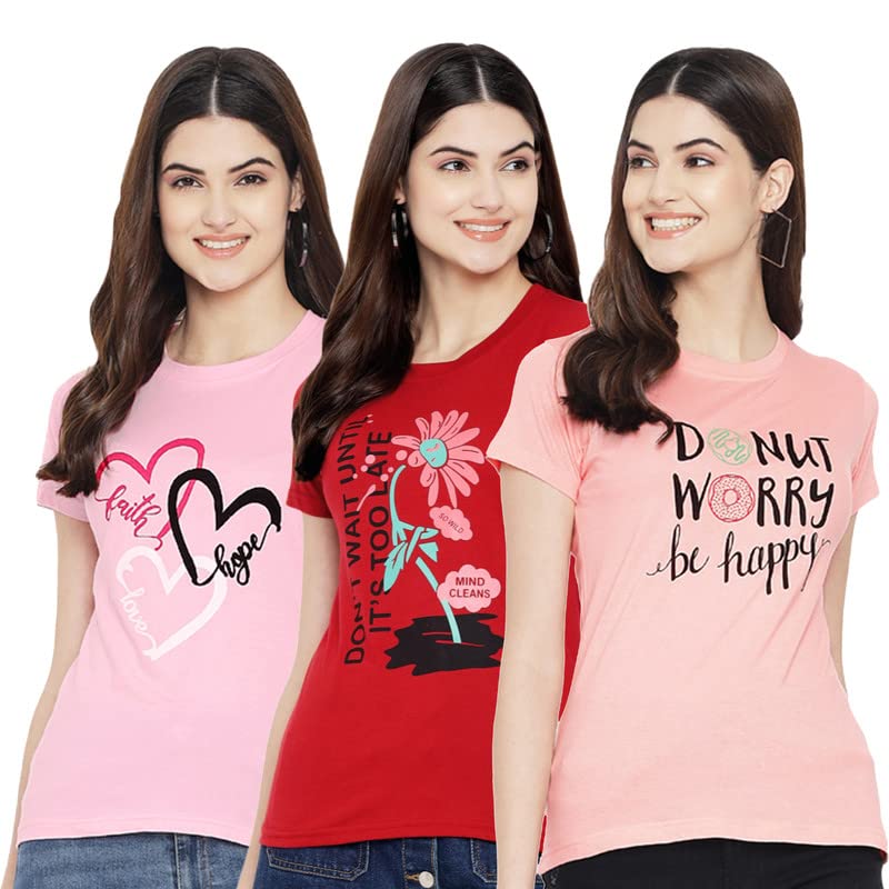 Preneum Womens Cotton Regular Fit Latest Graphic Stylish Printed Short Sleeves Casual T-Shirt || Trend & Style (Pack 3), Pink &