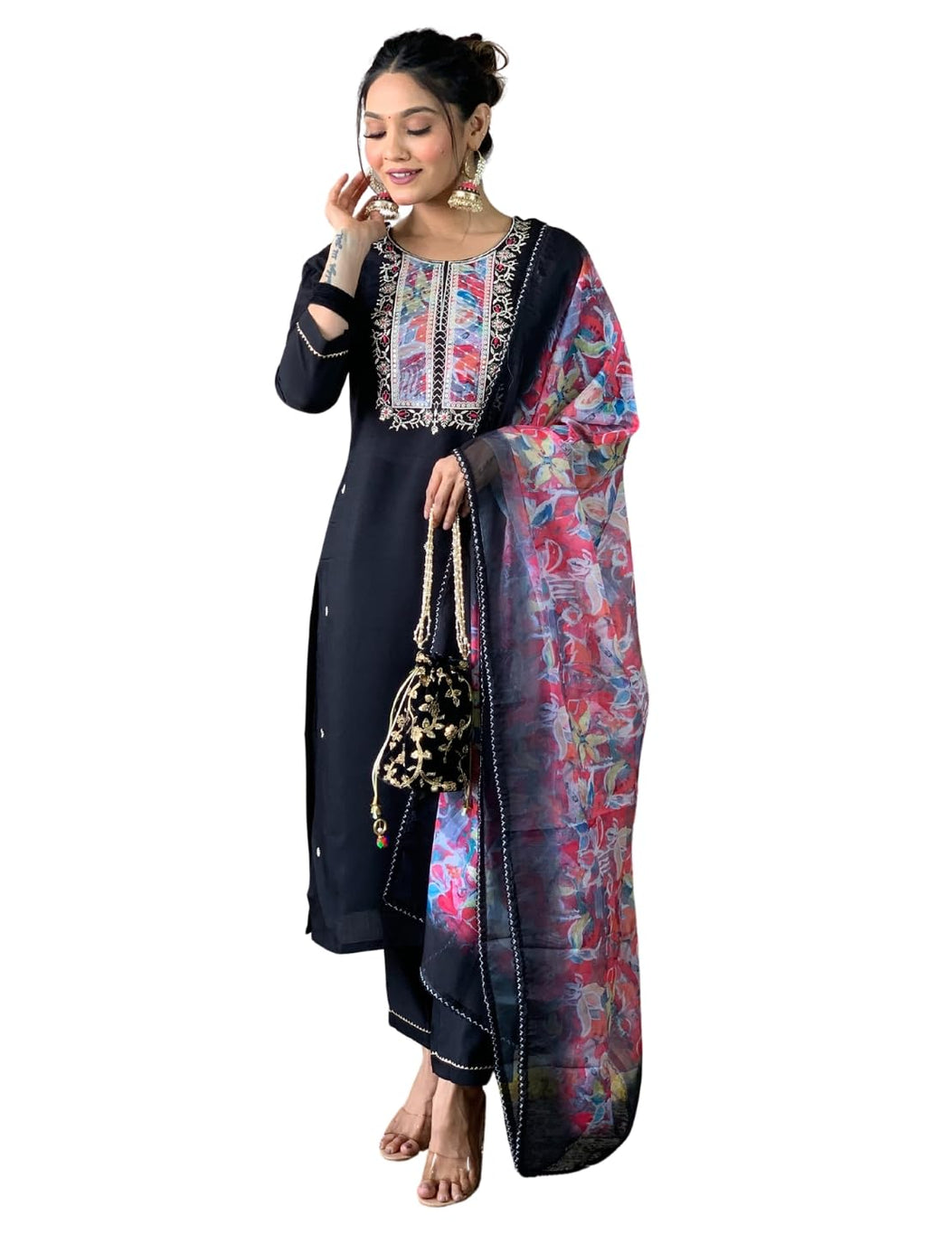Naixa Womens Black Rayon Slub Embroidered Straight Kurta with Rayon Slub Pant and Organza Dupatta Sets (NX-543-Black-3XL)