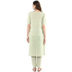Idalia Sage Green Solid Straight Kurta Set For Women 3/4 Sleeve, Round V Neck Designer Kurta With Pant